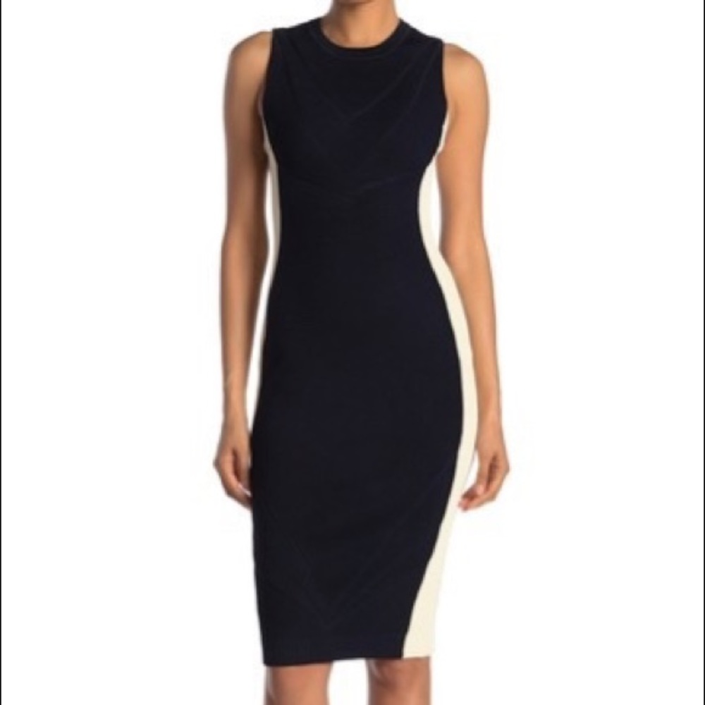 RACHEL Rachel Roy Black and Cream Sleeveless Midi Sheath Dress